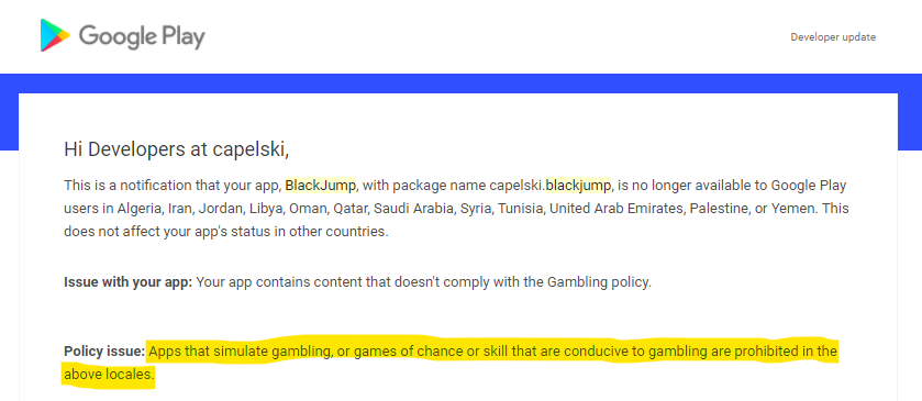 App rejection notification due to gambling policies