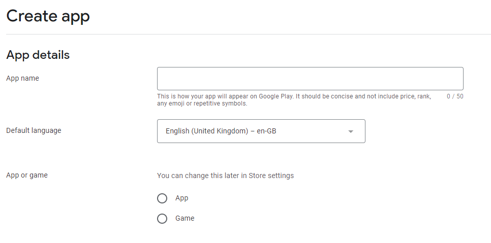 Play Store app creation form