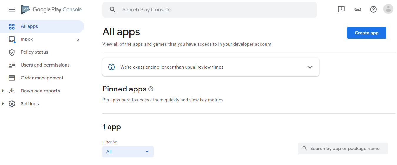 Google Play Console dashboard