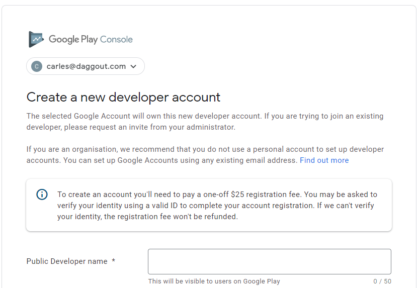 Google Play console sign up form