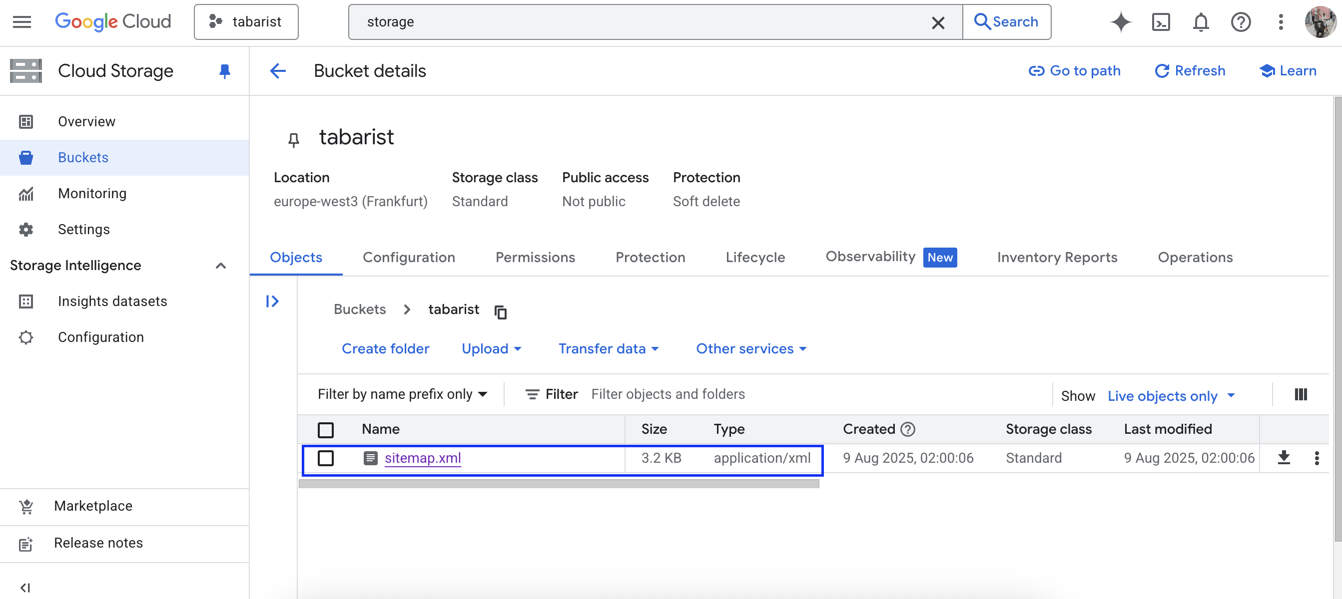 Storage bucket view in Google Cloud Platform