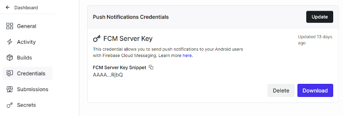 FCM server key in Expo credentials section