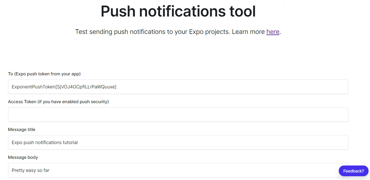 Expo notification tool send form
