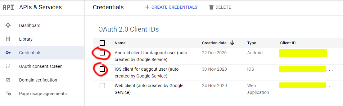 Google Cloud Platform credentials dashboard