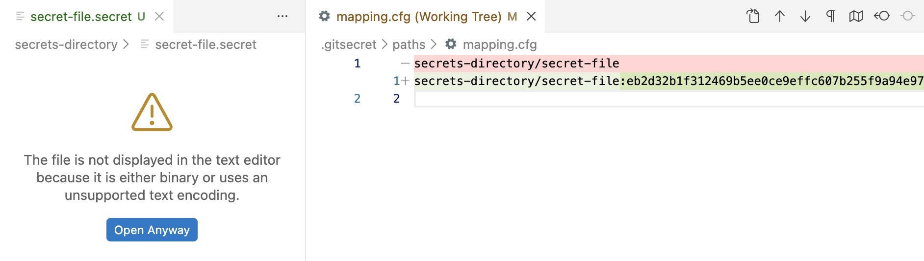Workspace changes after hiding a secret
