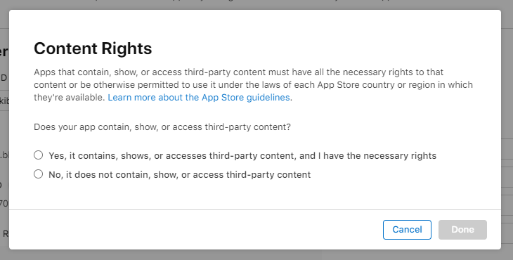 App content rights section
