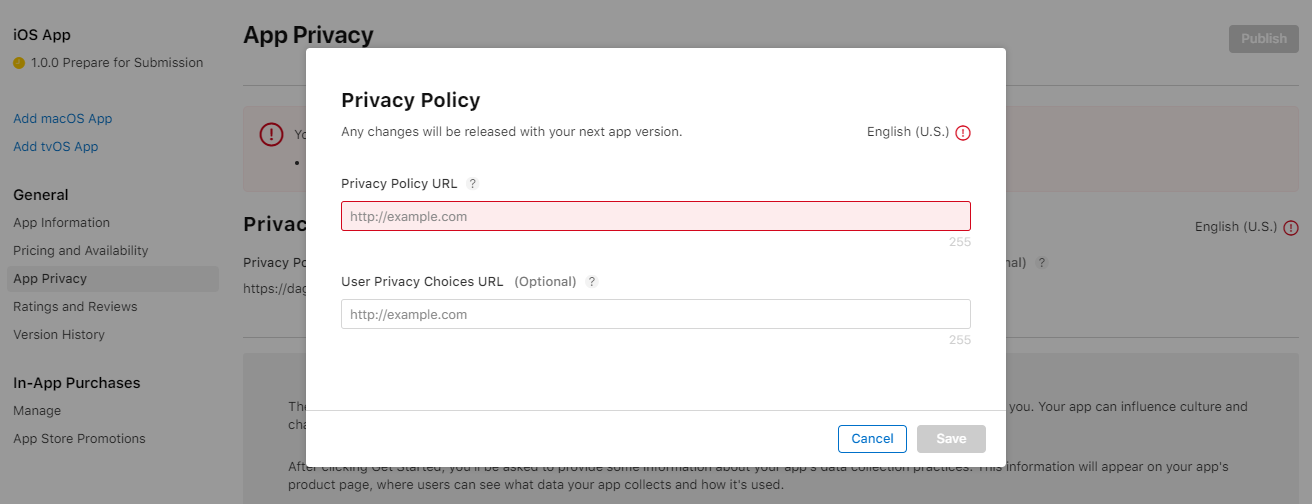 App privacy policy section