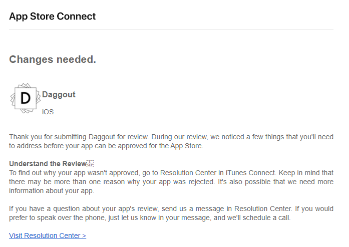 App rejected notification email