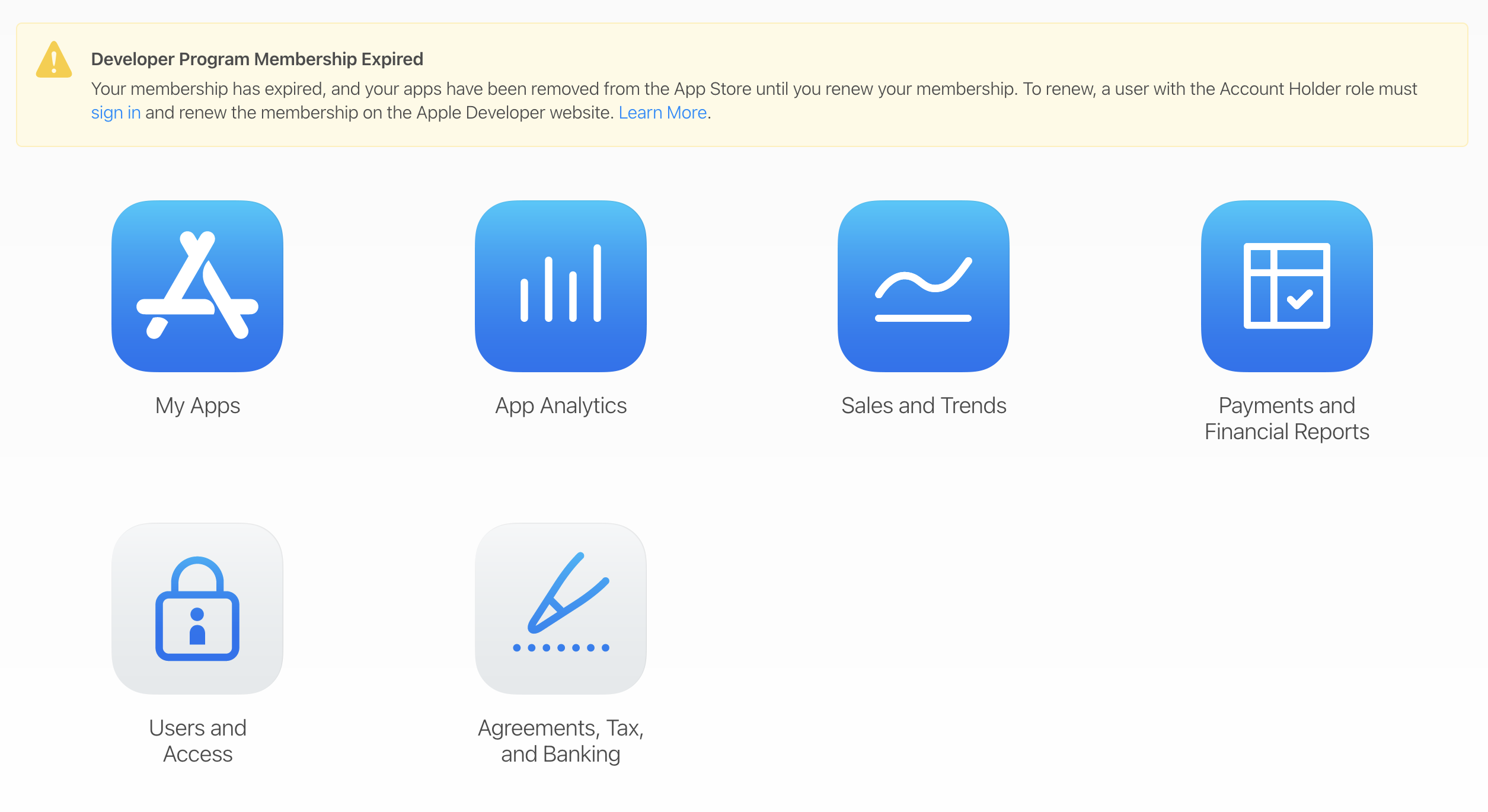 App store connect dashboard when developer license is expired