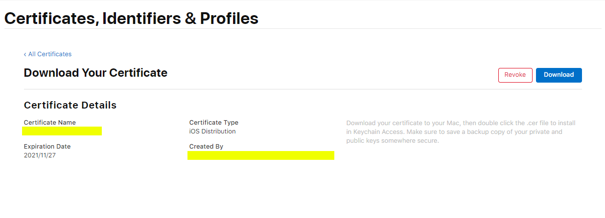 Distribution certificate on Apple Developer Portal