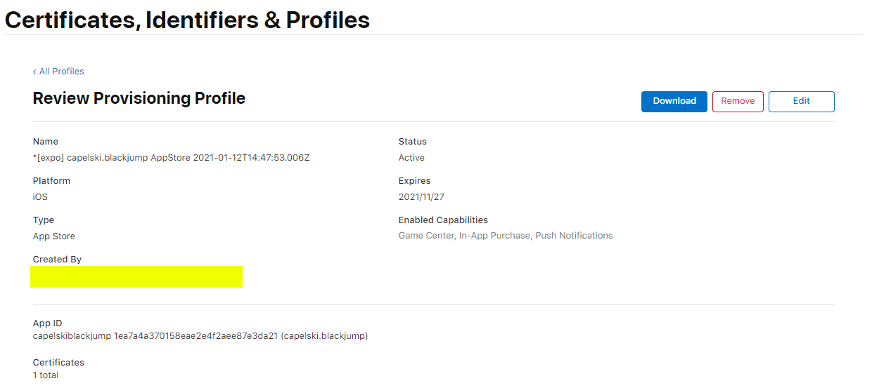 Provisioning profile on Apple Developer Portal