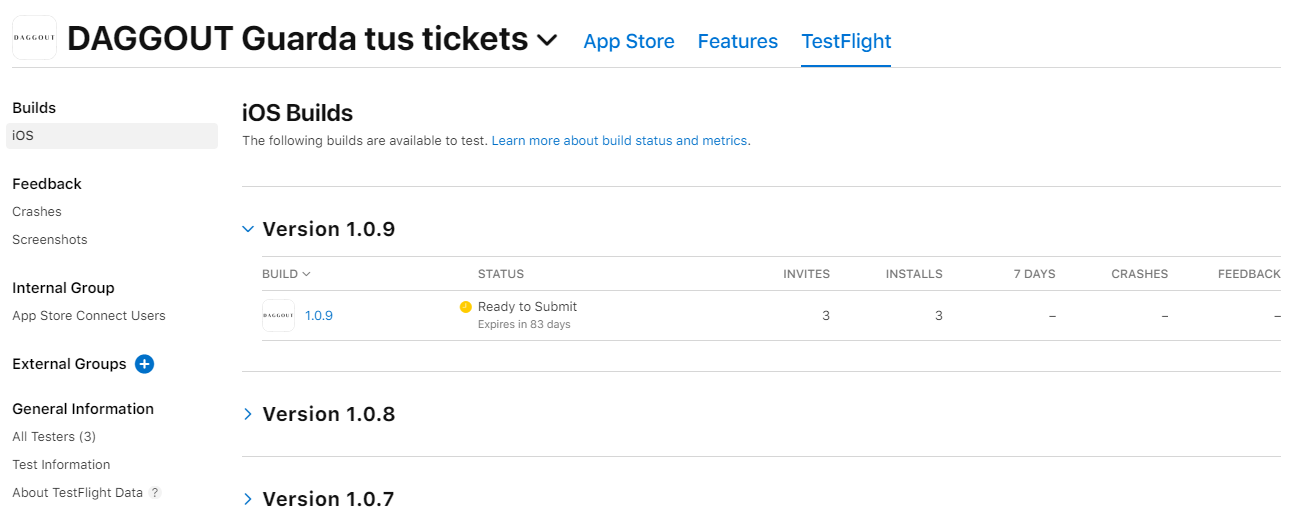 App versions in TestFlight tab