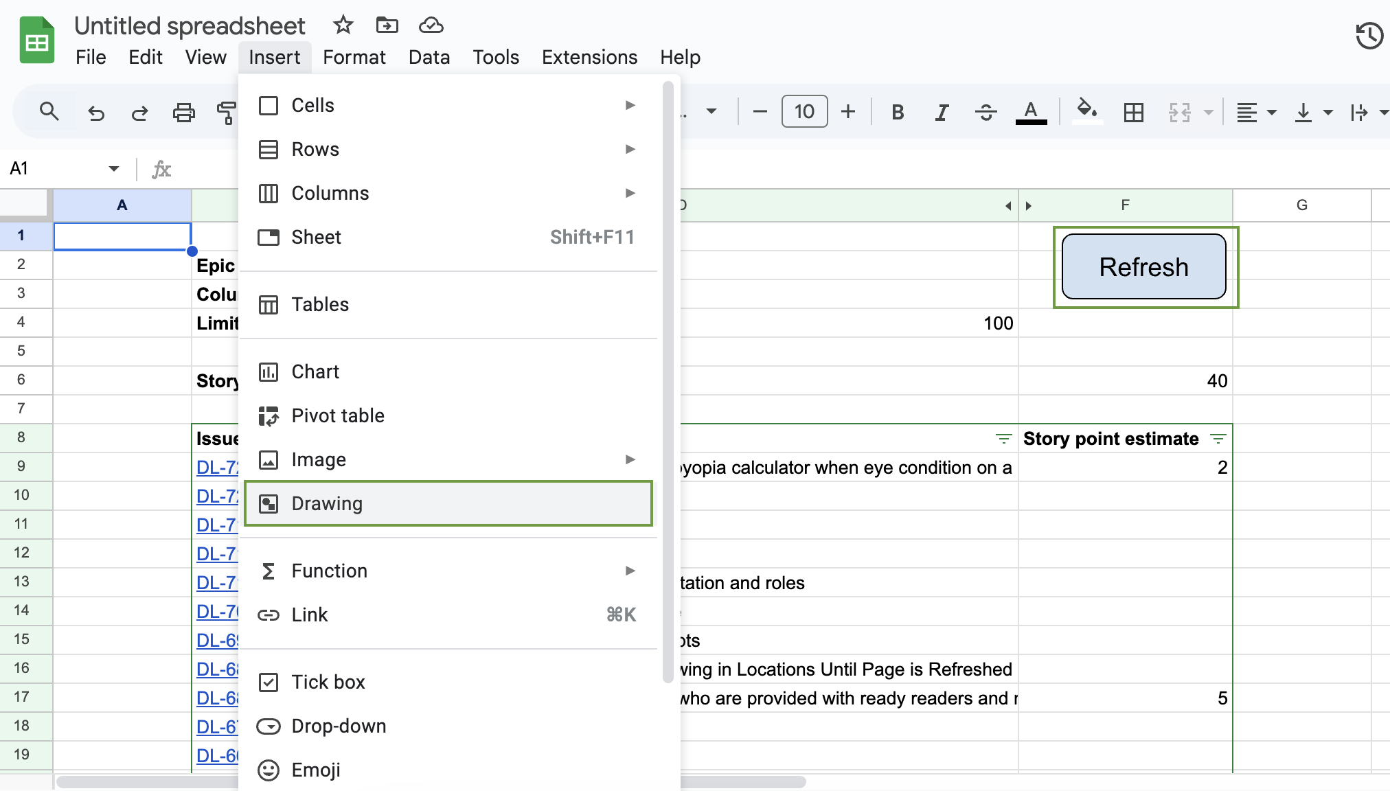 Inserting a drawing to Google Sheets