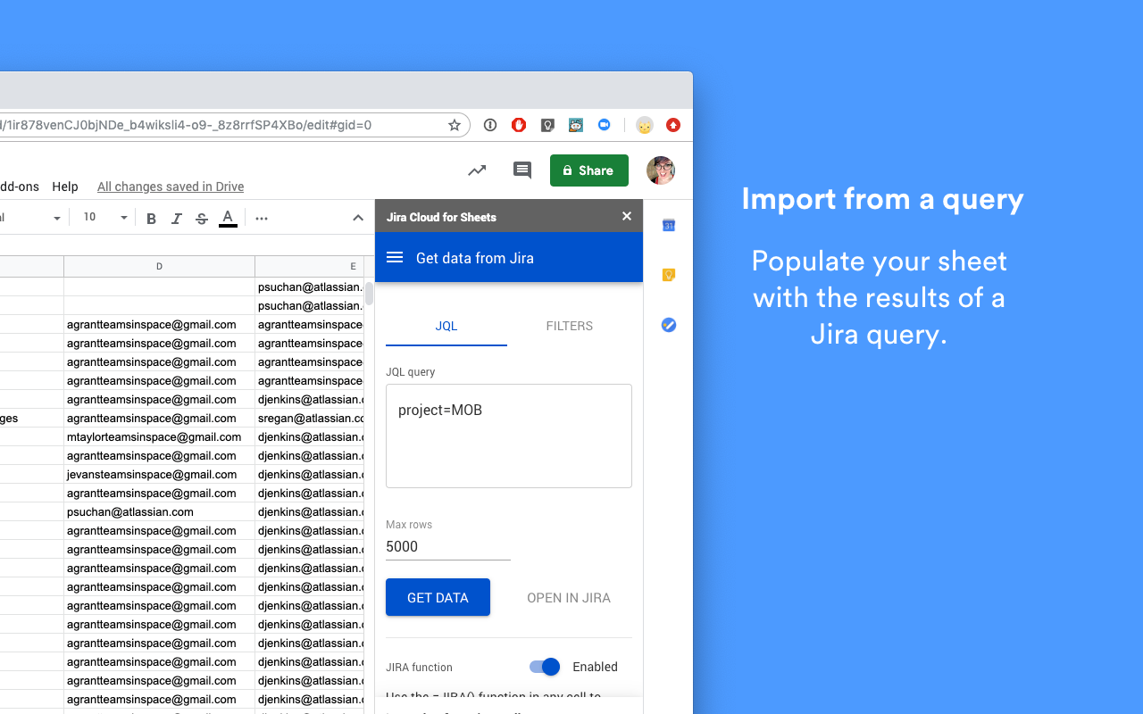 Screenshot of the Jira Cloud for Sheets Chrome extension