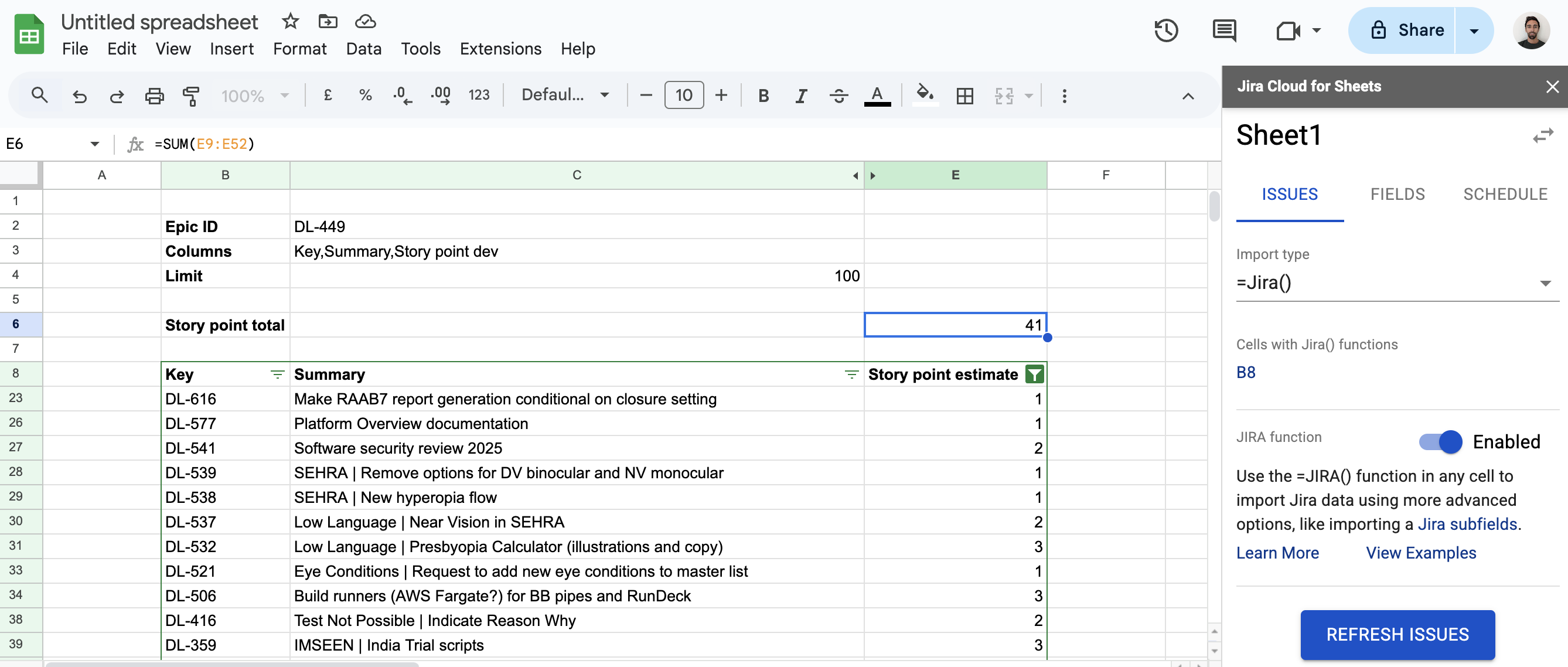 Sum of a numeric column coming from JIRA