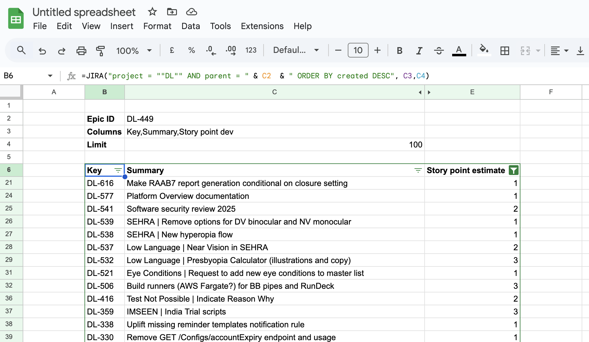 Usage of the JIRA function with cell references