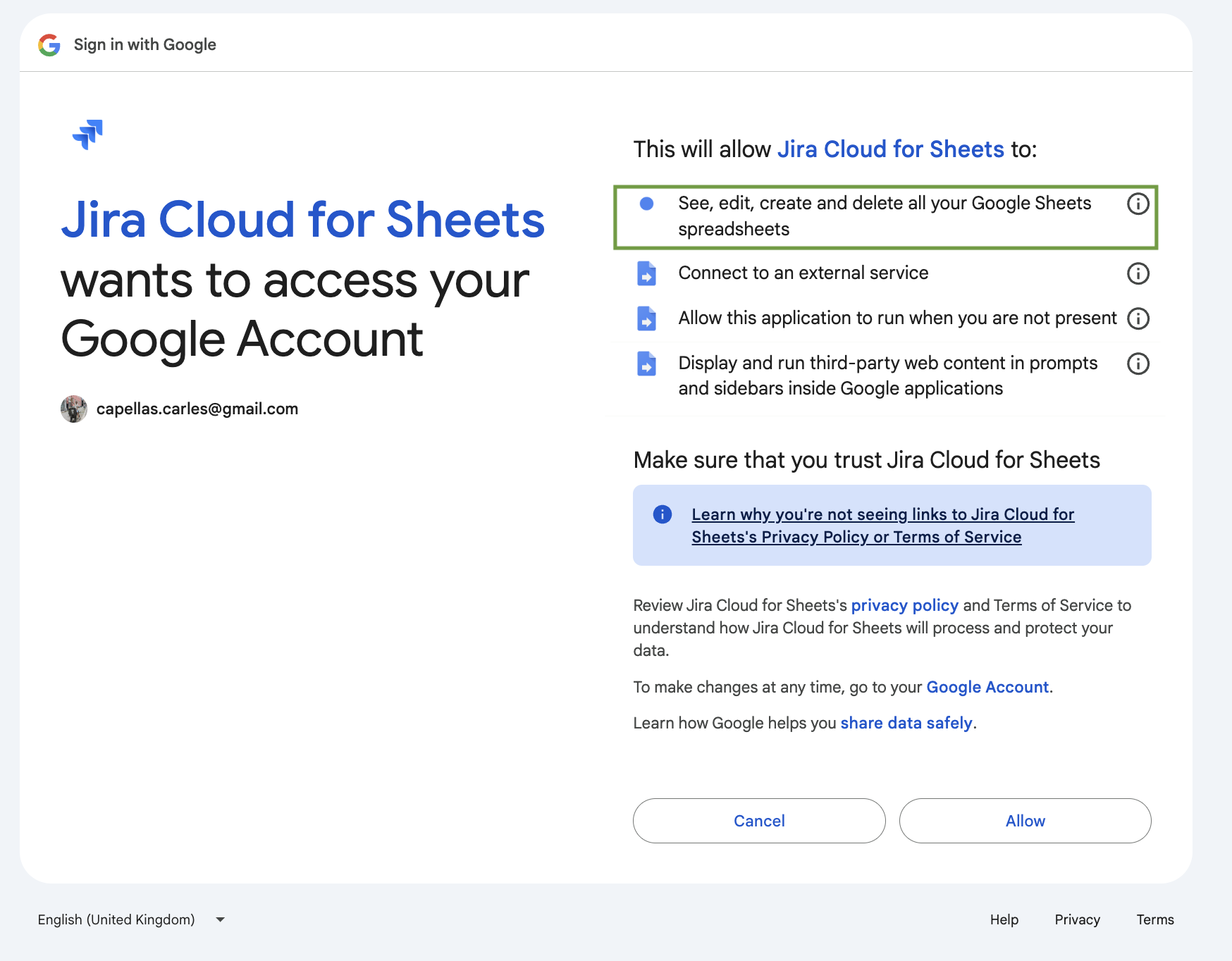 Allowing Jira Cloud for Sheets access to the Google account