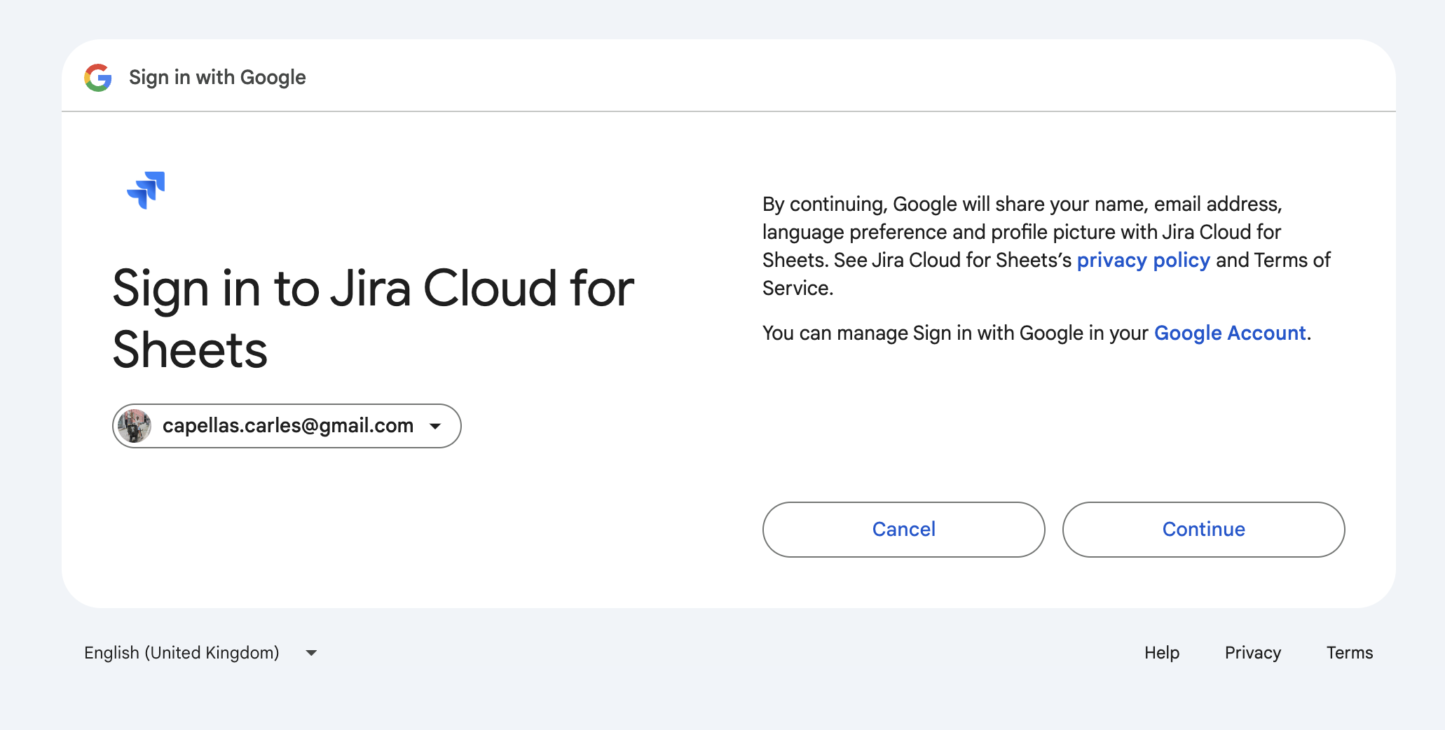 Allowing Jira Cloud for Sheets access to the Google account