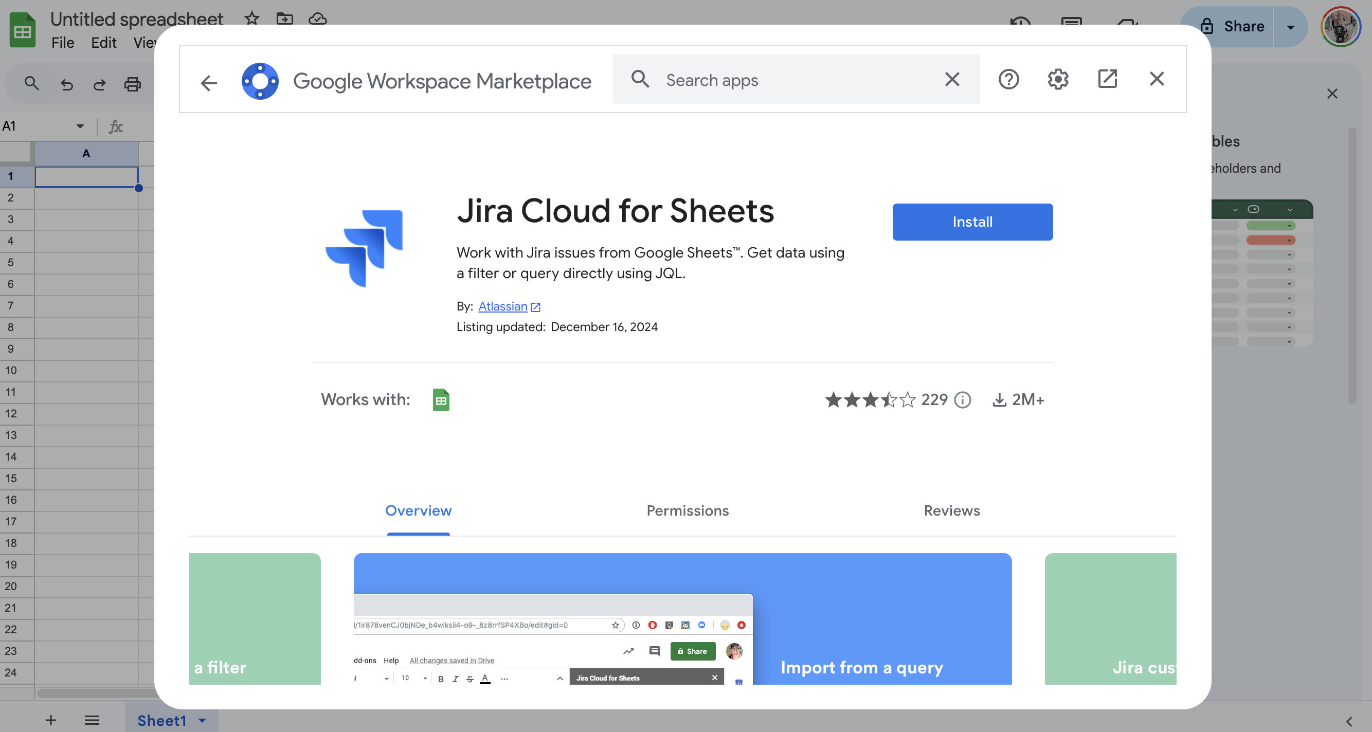 Installing the Jira Cloud for Sheets extension