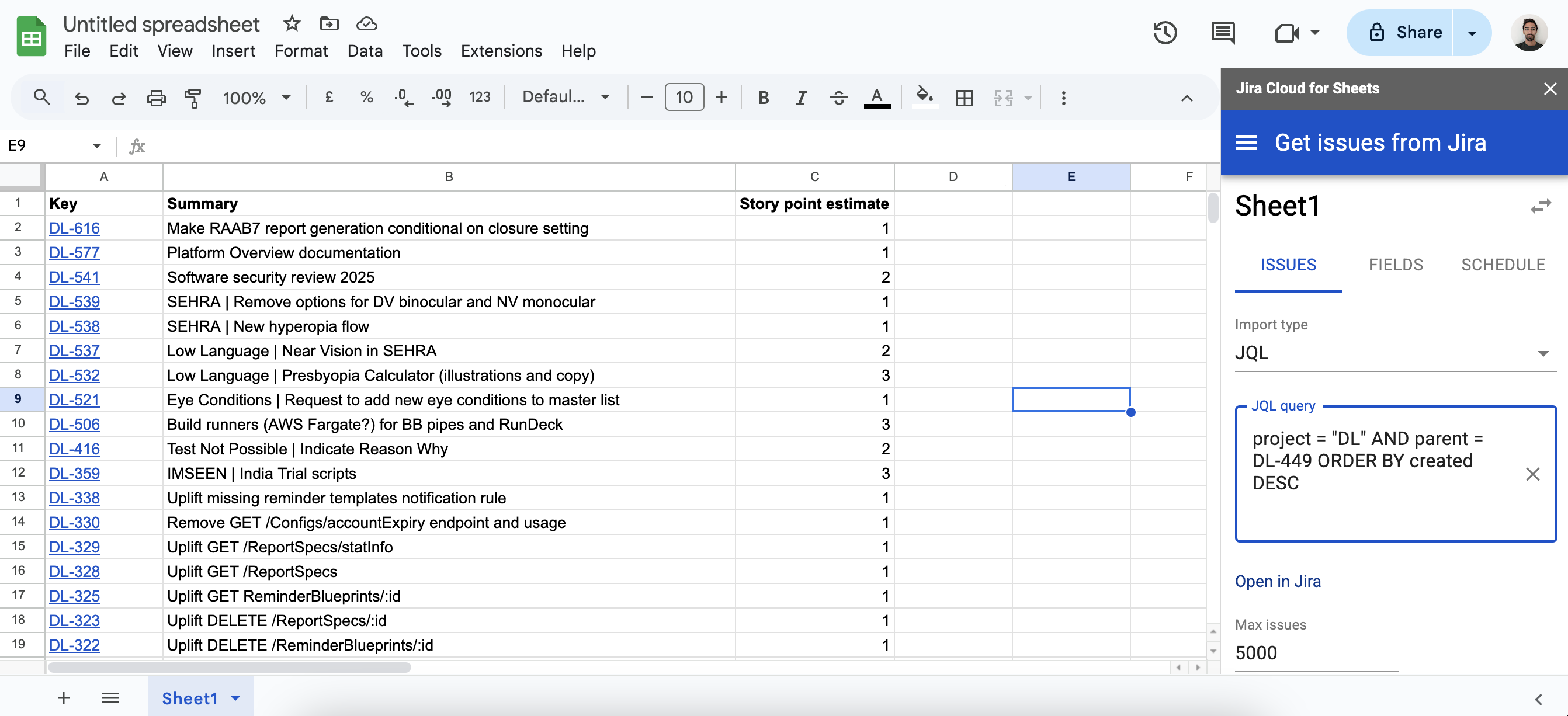 Sample JQL query through Jira Cloud for Sheets