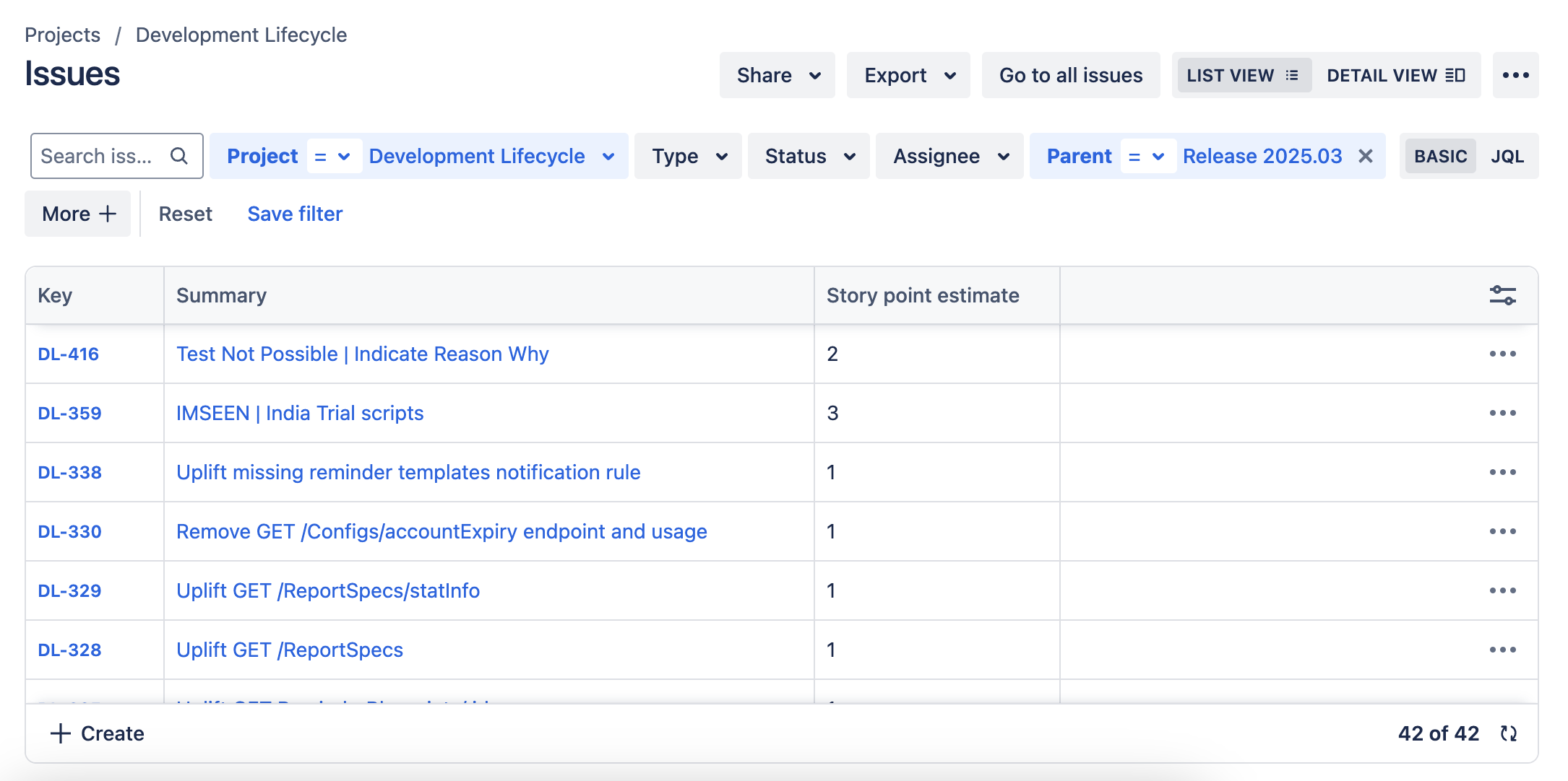 Sample filter in JIRA Issues view