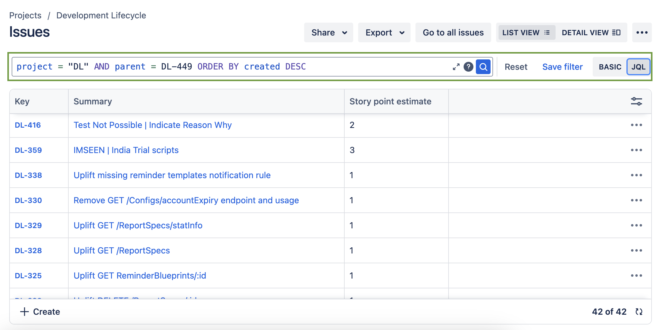 Sample JQL query through JIRA Issues view