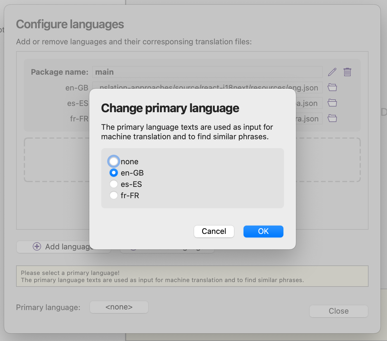 Setting the primary language of a BabelEdit project