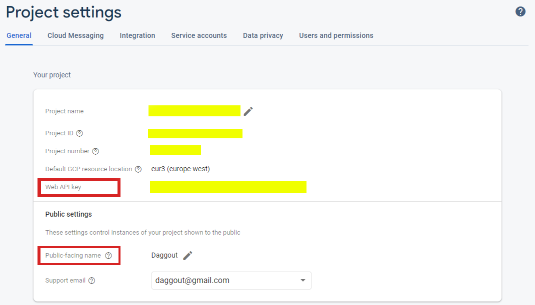 Firebase project settings