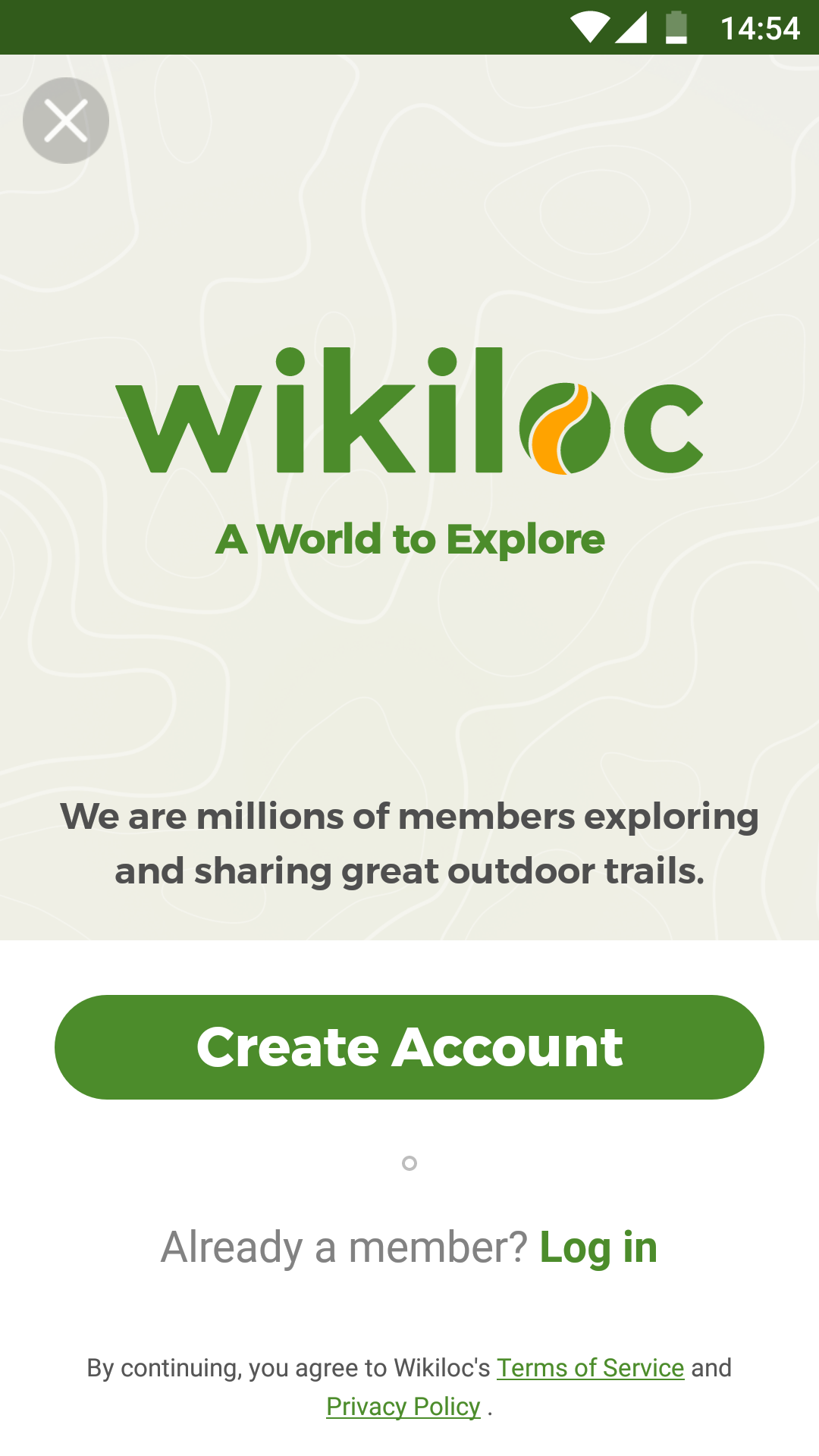 Wikiloc authentication screen