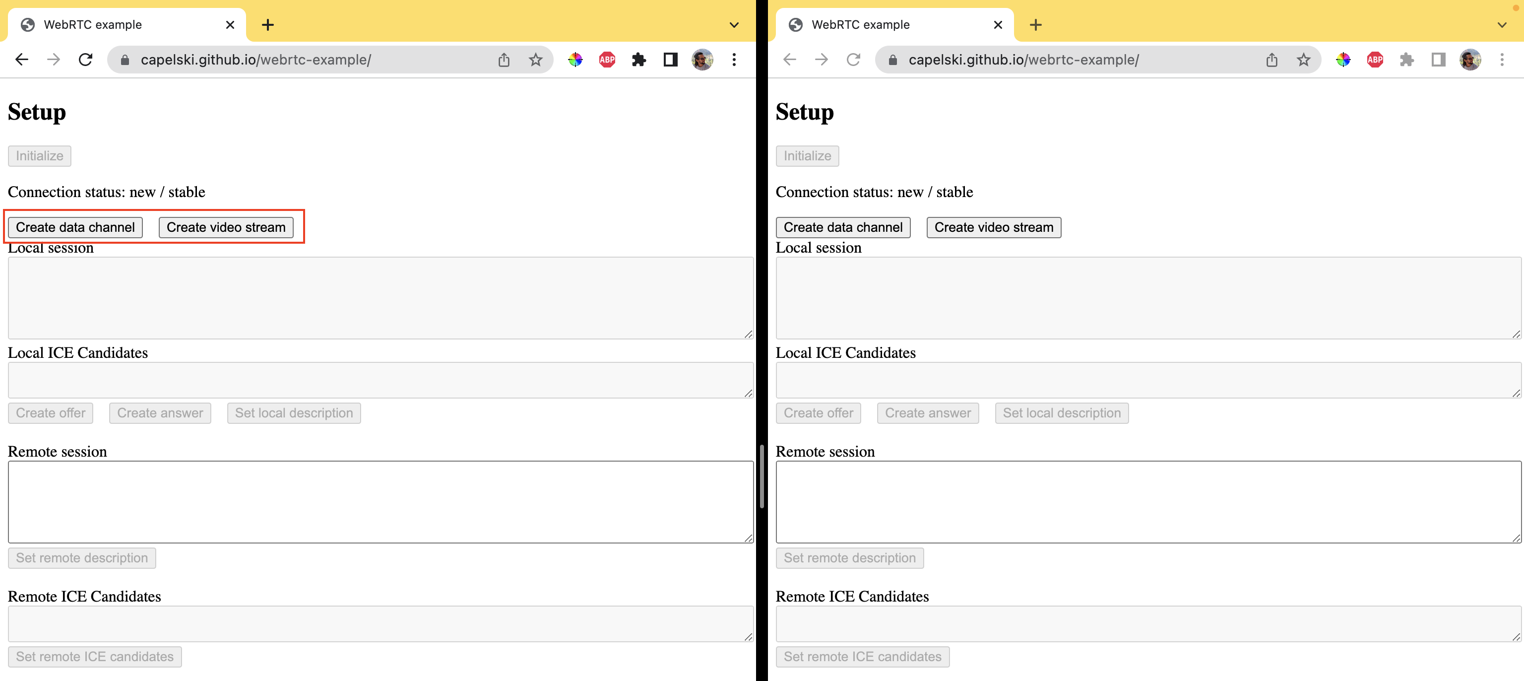 Create data channels and/or stream tracks in peer A