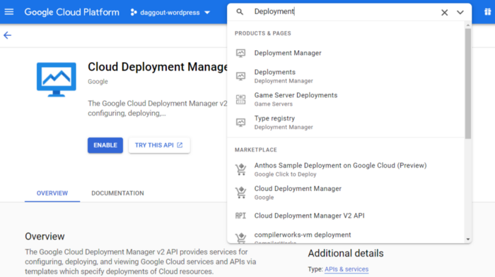 Enabling Google Cloud deployment manager api