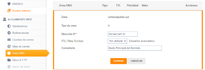 DNS record creation example in DonDominio spanish registrar. Interface will be different for other registrars