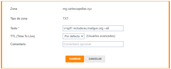 TXT DNS record creation example in DonDominio spanish registrar