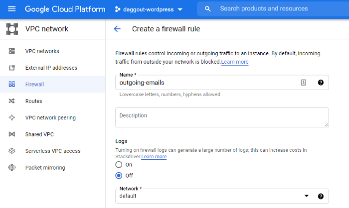 Google Cloud firewall rule creation