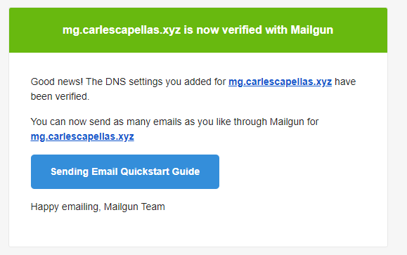 Mailgun successful domain verification email