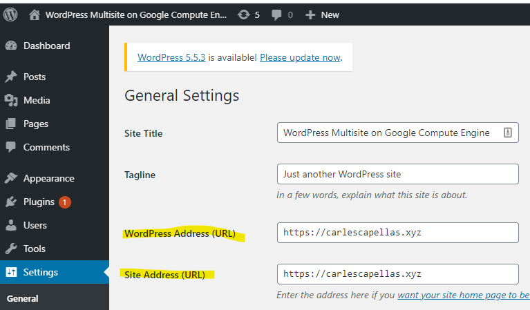 Wordpress site urls settings